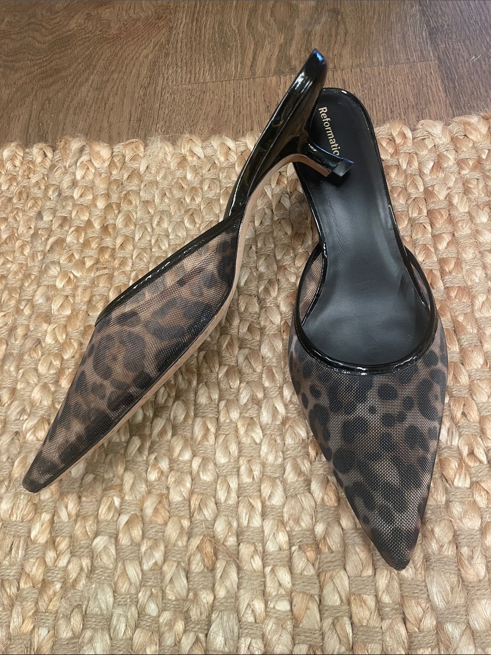 Reformation Leopard Mesh Pointed-Toe Mules in Black and Brown - Picture 2 of 8